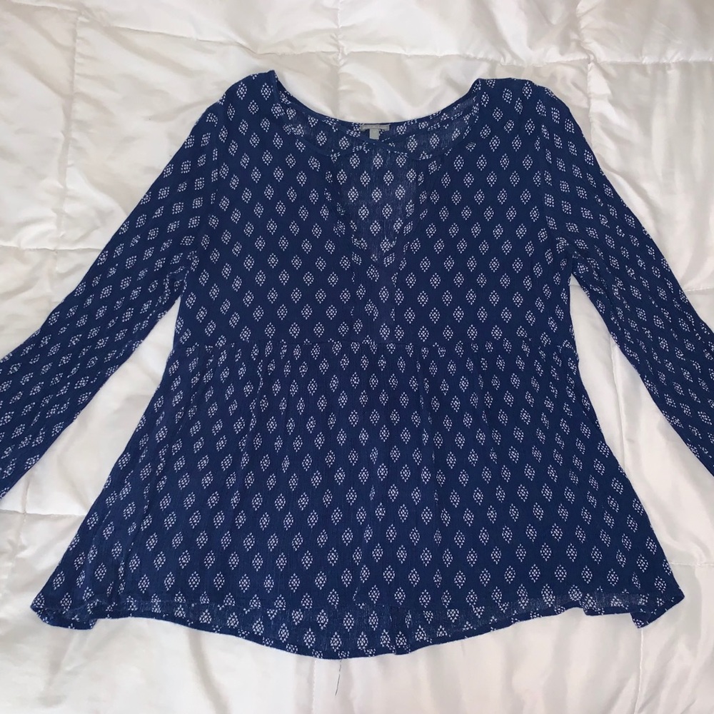 Blue Low Cut Blouse with Crisscross in Front